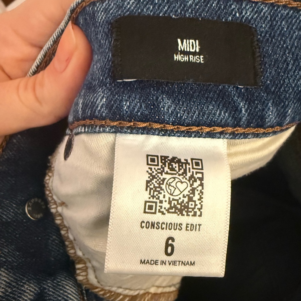 Express High Waisted Medium Wash Raw Hem Midi Jean Shorts - Picture 5 of 6